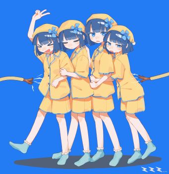 &gt;_&lt; 4girls :d absurdres arm_up blue_background blue_eyes blue_hair blue_socks blunt_bangs blunt_ends blush_stickers buttons cable closed_eyes frilled_socks frills full_body hat highres hug hug_from_behind looking_at_viewer multiple_girls nanoni! no_shoes open_mouth original parted_lips shirt short_hair short_sleeves shorts simple_background smile socks standing v xd yellow_hat yellow_shirt yellow_shorts