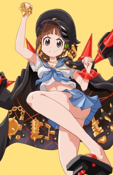 1girl absurdres black_hat black_jacket blue_neckerchief blue_sailor_collar blue_skirt bracelet brass_knuckles breasts brown_eyes brown_hair cleavage collarbone frown geta hashtag-only_commentary hat highres jacket jewelry kill_la_kill leg_up lingmu looking_at_viewer mankanshoku_mako midriff mouth_hold neckerchief official_alternate_costume panties panty_peek sailor_collar school_uniform serafuku shako_cap shirt short_hair simple_background skirt solo spiked_bracelet spikes underwear v-shaped_eyebrows weapon white_shirt yellow_background