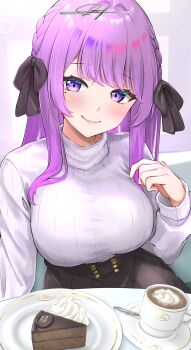 Rule 34 | 1girl, black ribbon, black skirt, blush, braid, breasts, cake, coffee, cup, disposable cup, food, french braid, hair ribbon, highres, indie virtual youtuber, large breasts, long hair, long sleeves, looking at viewer, mole, mole under eye, muton (muton82), otsuka ray, plate, pleated skirt, purple eyes, purple hair, ribbed sweater, ribbon, signature, skirt, smile, solo, spoon, sweater, teacup, turtleneck, turtleneck sweater, virtual youtuber, whipped cream, white sweater