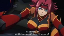 1girl animated anime_screenshot audible_speech blue_eyes bodysuit breasts code_geass code_geass:_dakkan_no_roze headband highres huge_breasts japanese_audio kouzuki_kallen large_breasts mecha red_hair robot short_hair solo sound tagme video