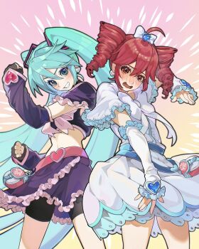 Rule 34 | 2girls, absurdres, ahoge, aqua eyes, aqua hair, benkeinazuna, bike shorts, blue eyes, blue hair, bow, brooch, commentary request, cosplay, cure black, cure black (cosplay), cure black pose, cure white, cure white (cosplay), cure white pose, dress, drill hair, earrings, embarrassed, fingerless gloves, frilled arm warmers, frills, futari wa precure, gloves, hair between eyes, hair ornament, hatsune miku, heart, heart belt, heart brooch, heart earrings, highres, jewelry, kasane teto, long hair, looking at viewer, magical girl, multiple girls, precure, red eyes, red hair, shorts, shorts under skirt, skirt, smile, twin drills, twintails, utau, very long hair, vocaloid, white dress