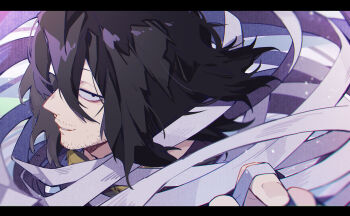 1boy aizawa_shota black_eyes black_hair bloodshot_eyes boku_no_hero_academia eyepatch hair_between_eyes highres letterboxed light_particles long_hair looking_at_viewer male_focus messy_hair nekoma_hikaru parted_lips scarf solo sparse_stubble upper_body white_scarf