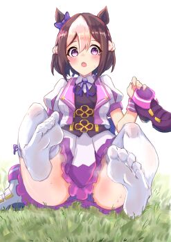 1girl :o absurdres animal_ears bow brown_hair commentary_request dress feet foot_focus foreshortening full_body grass hair_bow highres horse_ears horse_girl horse_tail no_shoes open_mouth panties presenting_foot puffy_short_sleeves puffy_sleeves purple_bow purple_eyes purple_panties shoes short_hair short_sleeves simple_background smell soles solo special_week_(special_dreamer)_(umamusume) special_week_(umamusume) taikihori tail tareme toes umamusume underwear unworn_shoes white_background white_dress