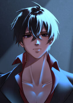 Rule 34 | 1boy, absurdres, black eyes, black hair, black shirt, blank stare, closed mouth, collarbone, collared shirt, commentary, crossed bangs, double-parted bangs, draw this in your style challenge, empty eyes, english commentary, expressionless, hair between eyes, highres, kuraedo, looking at viewer, male focus, nose, original, shirt, short hair, solo, upper body