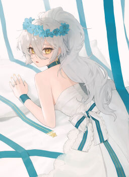 Rule 34 | 1girl, absurdres, backless dress, backless outfit, blue ribbon, bow, choker, commentary, dress, dress bow, english commentary, from behind, girls' frontline, hair between eyes, head wreath, highres, jewelry, kir (khw66136132), long hair, looking at viewer, looking back, official alternate costume, open mouth, pkp (girls' frontline), pkp (silver star) (girls' frontline), ponytail, ribbon, ring, solo, striped bow, upper body, wedding dress, wedding ring, white bow, white hair, wrist ribbon, yellow eyes, yellow nails