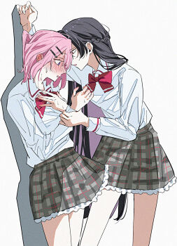 2girls amaori_renako ashigaya_high_school_uniform black_hair blush bow bowtie braid chodadarou collared_shirt commentary_request ear_blush film_grain grey_skirt hair_ornament hairclip half_up_braid highres holding_another's_wrist koto_satsuki medium_hair multiple_girls parted_lips pink_hair plaid_clothes plaid_skirt pleated_skirt purple_eyes red_bow red_bowtie school_uniform shirt skirt sweat watashi_ga_koibito_ni_nareru_wake_naijan_murimuri! white_shirt yuri