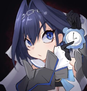 1girl :/ absurdres black_background black_gloves blue_bow blue_bowtie blue_eyes blue_hair bow bow_earrings bowtie breasts chain chain_headband cleavage cleavage_cutout close-up closed_mouth clothing_cutout commentary detached_sleeves earrings english_commentary eyelashes frostyjeiik gloves gradient_background grey_sleeves hair_between_eyes hair_intakes highres holding holding_pocket_watch hololive hololive_english jewelry large_breasts looking_at_viewer looking_to_the_side meme ouro_kronii ouro_kronii_(1st_costume) pocket_watch pointing pointing_at_object portrait red_background short_hair solo v-shaped_eyebrows virtual_youtuber watch white_rabbit_pointing_at_a_clock_(meme)