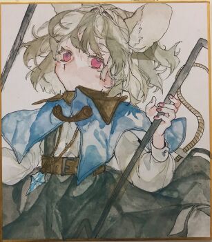 1girl animal_ear_fluff animal_ears black_skirt blue_capelet capelet closed_mouth commentary_request cowboy_shot dowsing_rod expressionless fingernails grey_hair highres long_sleeves looking_at_viewer mouse_ears mouse_girl mouse_tail nazrin red_eyes red_nails shinjitsu_no_kuchi shirt short_hair simple_background skirt solo tail touhou white_background white_shirt