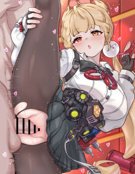 1boy 1girl :o absurdres alice_thymefield animal_ears bar_censor black_skirt blonde_hair blush breasts censored commentary daram_(shappydude) fingerless_gloves gloves hair_ornament hand_on_own_leg heart hetero heterochromia highres indoors large_breasts large_variant_set long_hair orange_eyes pantyhose penis pleated_skirt red_eyes revision sex shirt skirt sphere_hair_ornament split standing standing_on_one_leg standing_sex standing_split sweat torn_clothes torn_pantyhose vaginal variant_set white_shirt zenless_zone_zero