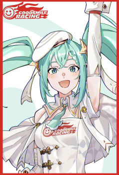 Rule 34 | #money, 1girl, 2023, aqua eyes, aqua hair, beret, border, breasts, capelet, clothes writing, flame print, goodsmile company, goodsmile racing, hair between eyes, hair ornament, hair ribbon, hand up, hat, hatsune miku, highres, light blush, logo, long hair, medium breasts, necktie, official alternate costume, open mouth, racing miku, racing miku (2023), red border, ribbon, smiley face, solo, star (symbol), star hair ornament, twintails, upper body, very long hair, vocaloid, white hat, white ribbon