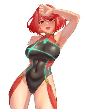 1girl :d absurdres aqua_gemstone arm_up armpits bare_shoulders black_one-piece_swimsuit breasts chest_jewel commentary competition_swimsuit core_crystal_(xenoblade) covered_navel cowboy_shot earrings gem headpiece highres ibouki jewelry large_breasts legs looking_at_viewer official_alternate_costume one-piece_swimsuit open_mouth pinstripe_one-piece_swimsuit pyra_(pro_swimmer)_(xenoblade) pyra_(xenoblade) red_eyes red_hair red_one-piece_swimsuit red_shoes ribbed_swimsuit shoes short_hair smile solo standing strapless strapless_one-piece_swimsuit striped_clothes striped_one-piece_swimsuit swept_bangs swimsuit tiara two-tone_swimsuit vertical-striped_clothes vertical-striped_one-piece_swimsuit xenoblade_chronicles_(series) xenoblade_chronicles_2