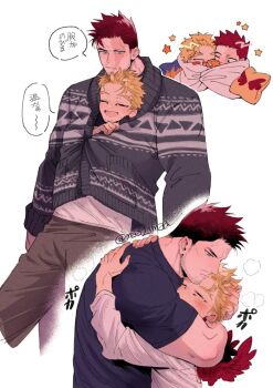 Rule 34 | 2boys, artist name, bara, black sweater, blonde hair, boku no hero academia, chibi, closed eyes, closed mouth, commentary request, endeavor (boku no hero academia), feathers, hawks (boku no hero academia), hug, looking at another, ma (maa21maa), male focus, multiple boys, one eye closed, open mouth, red feathers, red hair, red wings, scar, scar across eye, scar on face, sleeping, smile, speech bubble, sweater, translation request, twitter username, wings, yaoi