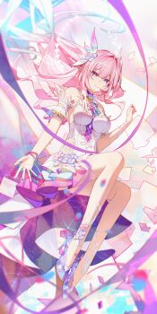 1girl armlet bare_shoulders blue_hair breasts closed_mouth commentary cyrene_(honkai:_star_rail) cyrene_(ripples_of_past_reverie)_(honkai:_star_rail) diamond-shaped_pupils diamond_(shape) dress floating_hair full_body gleam_lin_shi gradient_hair hair_floating_upwards hair_intakes hand_up high_heels highres honkai:_star_rail honkai_(series) jewelry long_hair looking_at_viewer medium_breasts multicolored_hair nail_polish pink_nails pointy_ears purple_eyes purple_shoes shoes sidelocks sitting solo symbol-shaped_pupils very_long_hair white_dress