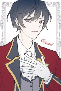 1boy ascot black_hair border brown_eyes closed_mouth collared_shirt commentary_request frills gloves grey_vest hand_on_own_chest jacket king long_sleeves looking_at_viewer male_focus ornate_border rat_ida re:zero_kara_hajimeru_isekai_seikatsu red_jacket shirt short_hair smile solo upper_body vest vincent_vollachia white_ascot white_background white_gloves white_shirt