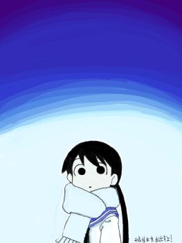 1girl antan bad_drawr_id bad_id black_eyes black_hair blue_background blue_sailor_collar copyright_name gradient_background heisei_umare long_hair long_sleeves looking_at_viewer negative_space no_sclera outline parted_lips sailor_collar satou_(heisei_umare) scarf school_uniform shirt solo translation_request upper_body white_background white_outline white_shirt