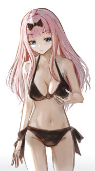 Rule 34 | absurdres, bikini, black bikini, black bow, blue eyes, bow, breasts, cokei, commentary, fujiwara chika, grabbing own breast, highres, kaguya-sama wa kokurasetai ~tensai-tachi no renai zunousen~, large breasts, long hair, navel, pink hair, solo, swimsuit