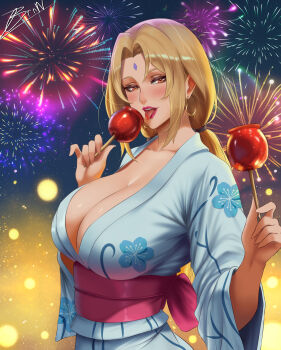 1girl 2026 absurdres alvsdraws blonde_hair breasts candy_apple cleavage earrings eating facial_mark fireworks food forehead_mark hair_intakes highres hoop_earrings incoming_food japanese_clothes jewelry kimono large_breasts long_hair mature_female naruto_(series) new_year obi red_eyes sash solo tsunade_(naruto)