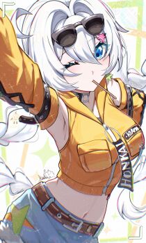 1girl absurdres ahoge armpits blue_eyes breasts commentary_request cutescookie denim denim_shorts earrings eyewear_on_head hair_intakes highres honkai_(series) honkai_impact_3rd jacket jewelry kiana_kaslana large_breasts long_hair looking_at_viewer midriff navel one_eye_closed orange_jacket shorts solo star_(symbol) star_earrings very_long_hair white_hair
