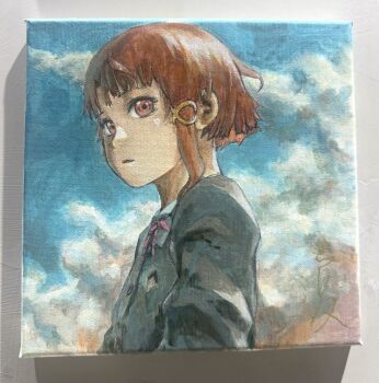 1girl abe_yoshitoshi brown_eyes brown_hair cloud commentary_request expressionless iwakura_lain jacket looking_at_viewer outdoors painting_(medium) parted_lips school_uniform serial_experiments_lain short_hair sky solo traditional_media upper_body watercolor_(medium)