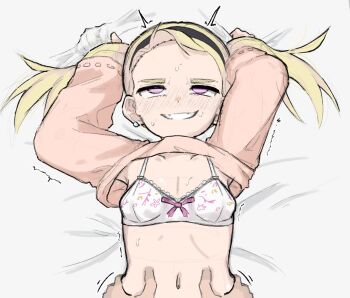 1boy 1girl blonde_hair borrowed_character bra breasts clenched_teeth clothes_lift ear_piercing forehead grin hairband harsha_(eisu) hetero highres implied_sex long_hair lying missionary navel on_back on_bed original piercing pink_eyes rolling_eyes sex shirt_lift small_breasts smile teeth thick_eyebrows torso_grab twintails underwear zlix0n