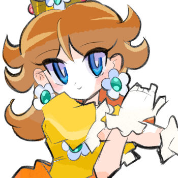 Rule 34 | 1girl, blue eyes, brown hair, commentary request, crown, dress, earrings, flower earrings, gloves, highres, jewelry, long hair, looking at viewer, mario (series), nintendo, orange dress, princess daisy, rakugaki shitagari-ya, simple background, smile, white background, white gloves