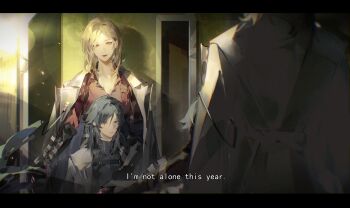 Rule 34 | 2girls, black hair, blonde hair, chief (path to nowhere), coat, coat on shoulders, collared shirt, commentary request, earrings, female chief (path to nowhere), gloves, highres, jewelry, langley (path to nowhere), llmia4, mirror, multiple girls, path to nowhere, reflection, shirt, upper body, yuri