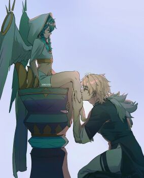 2boys absurdres artist_name barefoot blonde_hair blue_background braid capelet closed_eyes crop_top fur-trimmed_jacket fur_trim genshin_impact green_hair highres hood hooded_capelet jacket kiss kissing_leg kneeling midriff multiple_boys scar scar_on_arm short_hair twin_braids varka_(genshin_impact) venti_(archon)_(genshin_impact) venti_(genshin_impact) wings yaoi zenshyns