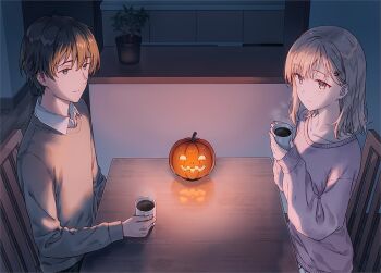 Rule 34 | 1boy, 1girl, asamura yuuta, ayase saki, blonde hair, brother and sister, brother and step-sister, brown hair, brown sweater, chair, closed mouth, collarbone, collared shirt, commentary request, cup, drink, gimai seikatsu, green eyes, hair ornament, hairclip, hiten (hitenkei), holding, holding cup, holding drink, jack-o'-lantern, light smile, long sleeves, medium hair, novel illustration, official alternate hair length, official alternate hairstyle, official art, pink shirt, plant, potted plant, pumpkin, purple eyes, second-party source, shirt, short hair, siblings, sitting, step-brother and step-sister, step-siblings, sweater, table, textless version, white shirt, wooden chair, wooden table