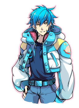 10s 1boy bad_id bad_pixiv_id belt blue_hair dramatical_murder headphones headphones_around_neck highres jacket kkaiju long_hair male_focus seragaki_aoba smile solo yellow_eyes