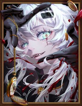 1girl absurdres animal_ears arknights artist_name black_coat black_gloves blood chinese_commentary close-up coat coin commentary_request crosshair_pupils da-dawny finger_frame floppy_ears gloves green_eyes hair_between_eyes highres jewelry lappland_(arknights) lappland_(refined_horrormare)_(arknights) looking_at_viewer necklace nose outside_border parted_lips picture_frame pocket_watch portrait scar scar_across_eye scar_on_face sharp_teeth skull_necklace solo teeth watch white_hair wolf_girl