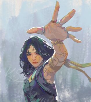 1girl artist_name black_hair blood blood_on_face body_markings clair_obscur:_expedition_33 commentary english_commentary grey_background kiasherria lune_(clair_obscur:_expedition_33) medium_hair outstretched_arm solo standing watermark