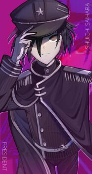Rule 34 | 1boy, belt, black cape, blue hair, buttons, cape, character name, danganronpa (series), danganronpa v3: killing harmony, gloves, grey background, hat, hat ornament, highres, male focus, name tag, non-web source, purple background, saihara shuichi, star (symbol), star hat ornament, white gloves