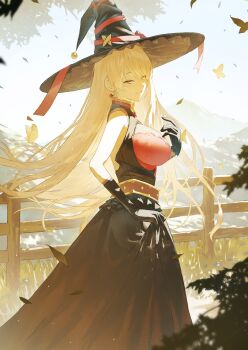 1girl bare_shoulders black_gloves black_skirt blonde_hair bra bra_peek breasts bug butterfly commentary_request earrings fagi_(kakikaki) falling_leaves fence from_side gloves grass hat highres insect jewelry large_breasts leaf long_hair long_skirt looking_to_the_side nijisanji nui_sociere nui_sociere_(8th_costume) outdoors parted_lips red_bra skirt solo standing tree underwear very_long_hair virtual_youtuber witch witch_hat wooden_fence yellow_eyes