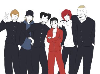 Rule 34 | 1girl, 5boys, absurdres, afro, arm around shoulder, baseball cap, black eyes, black hair, black pants, brown hair, closed eyes, crossed arms, gakuran, gokusen, grin, hands in pockets, hat, highres, jacket, kumari teruo, long hair, minami youichi, multiple boys, noda takeshi, open mouth, pants, pekology, red hair, red jacket, red pants, sawada shin, school uniform, simple background, smile, standing, teacher, track suit, twintails, uchiyama haruhiko, v, white background, yamaguchi kumiko