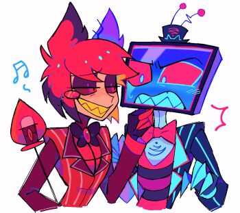 2boys alastor_(hazbin_hotel) animal_ears beamed_sixteenth_notes black_bow black_bowtie black_hair black_jacket bow bowtie deer_ears flat_screen_tv hazbin_hotel hellaverse highres implied_yaoi jacket looking_at_another looking_to_the_side multicolored_hair multiple_boys musical_note no_humans red_bow red_bowtie red_hair red_jacket teeth television vox_(hazbin_hotel) wrwinter111