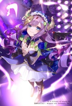 1girl blue_eyes boots bow braid braided_hair_rings brown_horns closed_mouth copyright_notice demon_girl demon_horns demon_tail dress green_bow hair_bow hair_ornament hair_rings hino_hinako holding holding_microphone horns microphone official_art purple_dress purple_hair screen_zoom solo stage striped_clothes striped_thighhighs tail thighhighs ugly_(z/x) z/x