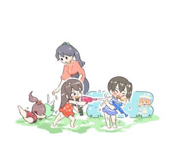 4girls aged_down akagi_(kancolle) alternate_costume bad_id bad_twitter_id black_eyes black_hair blue_one-piece_swimsuit brown_hair bucket falling full_body furrowed_brow holding holding_water_gun houshou_(kancolle) jibakurei_(elite_unchi) kaga_(kancolle) kantai_collection long_hair looking_at_another lowres multiple_girls one-piece_swimsuit playing polka_dot polka_dot_swimsuit ponytail red_one-piece_swimsuit side_ponytail simple_background spilling spraying standing striped_clothes striped_one-piece_swimsuit swimsuit tripping v-shaped_eyebrows wading_pool water_gun wet white_background worried yamato_(kancolle)