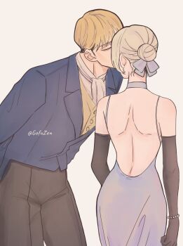 Rule 34 | 1boy, 1girl, annie leonhart, armin arlert, ascot, backless dress, backless outfit, bare shoulders, bead bracelet, beads, black gloves, black pants, blonde hair, blue jacket, bracelet, closed eyes, collared shirt, couple, cowboy shot, dress, earrings, elbow gloves, gloves, gofuzen, grey dress, grey ribbon, hair bun, hair ribbon, hetero, highres, jacket, jewelry, kiss, leaning forward, pants, ribbon, shingeki no kyojin, shirt, short hair, twitter username, updo, vest, waistcoat, white ascot, white background, white shirt, yellow vest