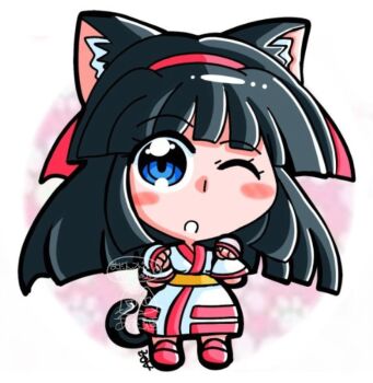 1girl ainu_clothes animal_ears artist_name black_hair blue_eyes breasts cat_ears cat_girl cat_tail chibi clenched_hands fingerless_gloves gloves hair_ribbon highres legs long_hair looking_at_viewer nakoruru one_eye_closed open_mouth ribbon samurai_spirits small_breasts smile snk solo tail the_king_of_fighters thighs wink