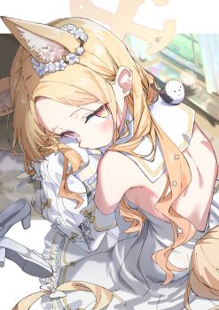 1girl animal animal_ears animal_on_shoulder backless_dress backless_outfit bird bird_on_shoulder blonde_hair blue_archive blush commentary_request dress flower fox_ears fox_girl fox_tail hair_flower hair_ornament halo highres long_hair looking_at_viewer looking_back seia_(blue_archive) shinshin_(ssnsn_oekaki) sitting solo tail white_dress white_flower yellow_halo