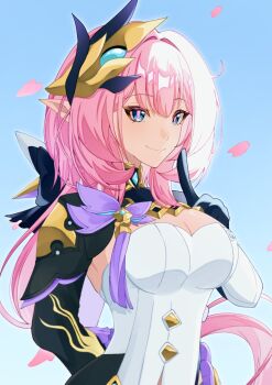 1girl 332e_e black_gloves black_shrug blue_eyes blue_sky breasts cleavage commentary_request corset elf elysia_(honkai_impact) elysia_(miss_pink_elf)_(honkai_impact) falling_petals gloves hair_ornament highres honkai_(series) honkai_impact_3rd large_breasts petals pink_hair pointy_ears shrug_(clothing) sky smile solo white_corset
