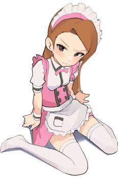1girl absurdres apron bow bowtie brown_hair ch2haya_p closed_mouth dress full_body highres idolmaster idolmaster_(classic) idolmaster_million_live! idolmaster_million_live!_theater_days long_hair looking_at_viewer maid maid_headdress minase_iori no_shoes official_alternate_costume pink_bow pink_bowtie pink_dress pretty_waitress_(idolmaster) short_sleeves simple_background sitting solo thighhighs v-shaped_eyebrows waist_apron wariza white_apron white_background white_thighhighs wrist_cuffs