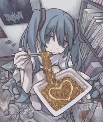 Rule 34 | 1girl, absurdres, aqua eyes, aqua hair, blank eyes, bookshelf, character doll, chopsticks, closed mouth, eating, expressionless, food, full body, gudon udon, hair between eyes, hair ornament, hatsune miku, heart, highres, holding, holding chopsticks, indoors, knees up, long hair, looking at viewer, mayonnaise, messy room, no shoes, noodles, paper plate, plate, poster (object), shirt, short sleeves, sitting, socks, solo, t-shirt, very long hair, vocaloid, white shirt, white socks