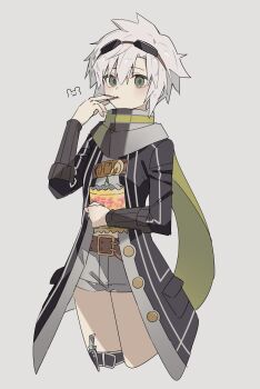 Rule 34 | 1girl, absurdres, bag of chips, bob cut, chips (food), commentary request, cowboy shot, curtained hair, denim, denim shorts, double-parted bangs, eating, eiyuu densetsu, fie claussell, food, food in mouth, george man, goggles, goggles on head, green eyes, hair between eyes, highres, holding, holding food, holster, knife, long sleeves, looking at viewer, potato chips, scarf, sen no kiseki, sen no kiseki (series), sen no kiseki ii, short hair, shorts, simple background, solo, thigh holster, upper body, white background, white hair