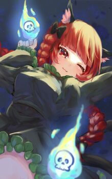 1girl ;3 abstract_background animal_ear_fluff animal_ears arms_up aya_(user_rnye8858) black_background black_bow blue_background blunt_bangs bow braid braided_twintails breasts cat_ears cat_girl cat_tail closed_mouth commentary_request cowboy_shot dress fang fire flaming_skull floating_skull frilled_dress frilled_sleeves frills green_dress hair_bow highres kaenbyou_rin light_blush long_hair long_sleeves looking_at_viewer medium_breasts mismatched_animal_ear_colors multiple_tails one_eye_closed partial_commentary red_eyes red_hair short_dress skull solo swept_bangs tail touhou twin_braids twintails two-tone_background two_tails