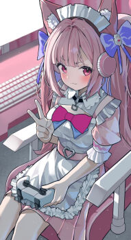 1girl :3 animal_ears belt black_choker blush bow breasts cat_choker cat_ears cat_girl chair choker cleavage_cutout closed_mouth clothing_cutout commentary computer_keyboard controller dress game_controller hair_bow headphones holding holding_controller holding_game_controller indie_virtual_youtuber long_hair looking_to_the_side maid maid_headdress miya_(myagi_0131) monitor o-ring o-ring_choker pink_belt pink_bow pink_dress pink_eyes pink_hair purple_bow short_sleeves sitting smile solo swivel_chair thighs v virtual_youtuber yuuki_sakuna yuuki_sakuna_(1st_costume)