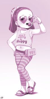 1girl animal_print blush born-to-die candy clothes_writing collarbone disney fanny_pack flat_chest food hand_on_own_hip heart heart-shaped_eyewear heart-shaped_sunglasses holding holding_candy holding_food holding_lollipop humanization judy_hopps leggings licking loli lollipop long_hair looking_at_viewer midriff monochrome navel open_mouth pinky_out print_shirt rabbit_print sandals scrunchie shirt smile standing striped_clothes striped_leggings sunglasses tank_top teeth twintails watch wristwatch zootopia