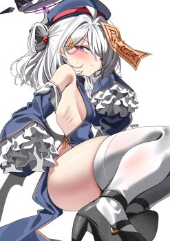 1girl absurdres ahoge alternate_costume alternate_hair_length alternate_hairstyle artist_name black_halo black_shirt blue_archive blue_dress blue_hat blue_sleeves blush breasts chinese_clothes closed_mouth covered_navel detached_sleeves dress frilled_sleeves frills from_side full_body hair_between_eyes hair_ornament hair_over_one_eye hairclip half-closed_eyes halloween halloween_costume halo hand_up hat highres hina_(blue_archive) jiangshi jiangshi_costume loli long_sleeves looking_at_viewer ofuda ofuda_on_head one_eye_covered qingdai_guanmao ribs rirua_(kjom802) shirt sideboob simple_background sleeves_past_fingers sleeves_past_wrists small_breasts solo split_mouth sweat sweatdrop talisman thighhighs thighs white_background white_hair white_thighhighs