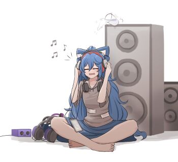 1girl amplifier blue_bow blue_hair blue_ribbon blue_skirt bow commentary commentary_typo commission english_commentary glass hair_bow headphones highres indian_style long_hair mata_(matasoup) musical_note open_mouth patchwork_clothes phone ribbon sitting skirt smile solo speaker spilling touhou very_long_hair yorigami_shion