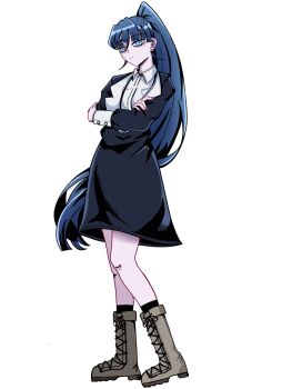 1girl ado_(utaite) black_dress blue_hair boots brown_boots chando_(ado) commentary_request crossed_arms dress full_body highres long_hair open_mouth simple_background solo tone_(tone0604) utaite white_background